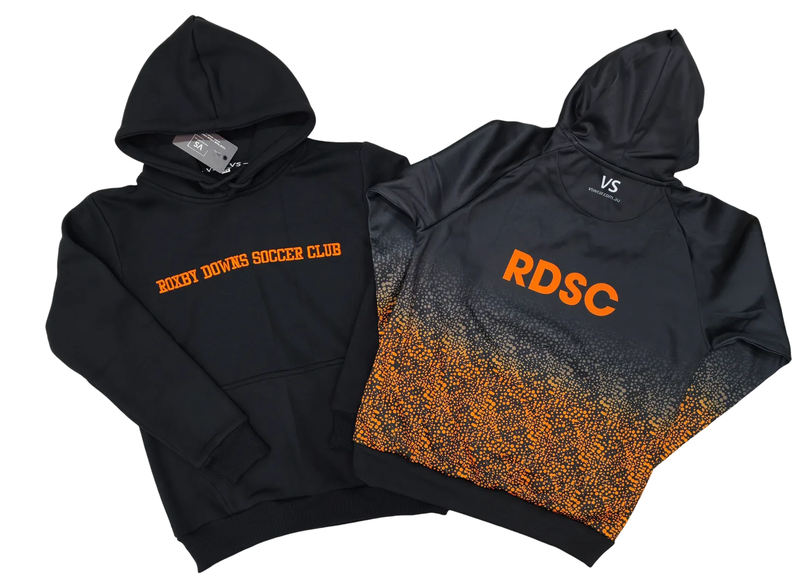 Roxby Downs SC embroidered cotton hoodie beside their fully sublimated hoodie, both made by CustomHoodie (VS Wear)